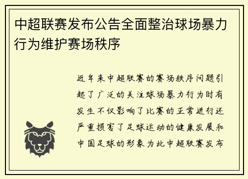 中超联赛发布公告全面整治球场暴力行为维护赛场秩序