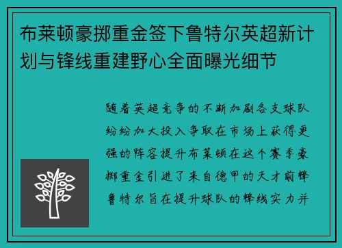 布莱顿豪掷重金签下鲁特尔英超新计划与锋线重建野心全面曝光细节